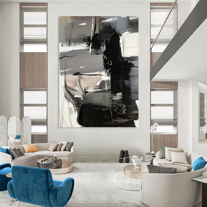 Gray & Black Abstract Forms - Abstract Composition Painting On Canvas DKH1263