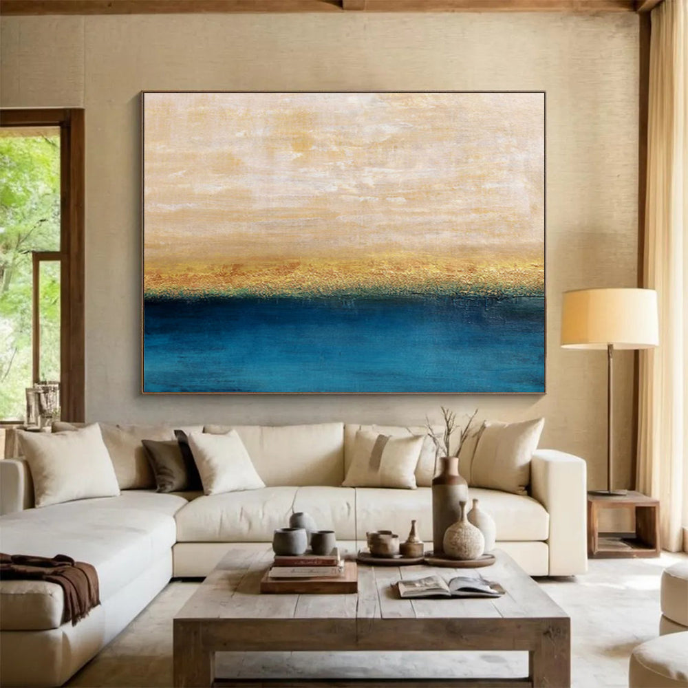 “Serene Horizon - Beiges, Golds, and Deep Blues” Painting On Canvas DKH017