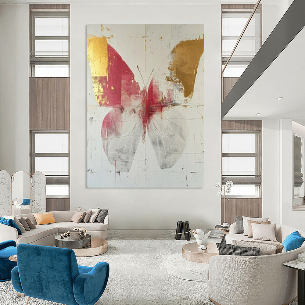 “Elegant Red - Gold Butterfly” - Red, Gold & White Butterfly Painting On Canvas CT2207