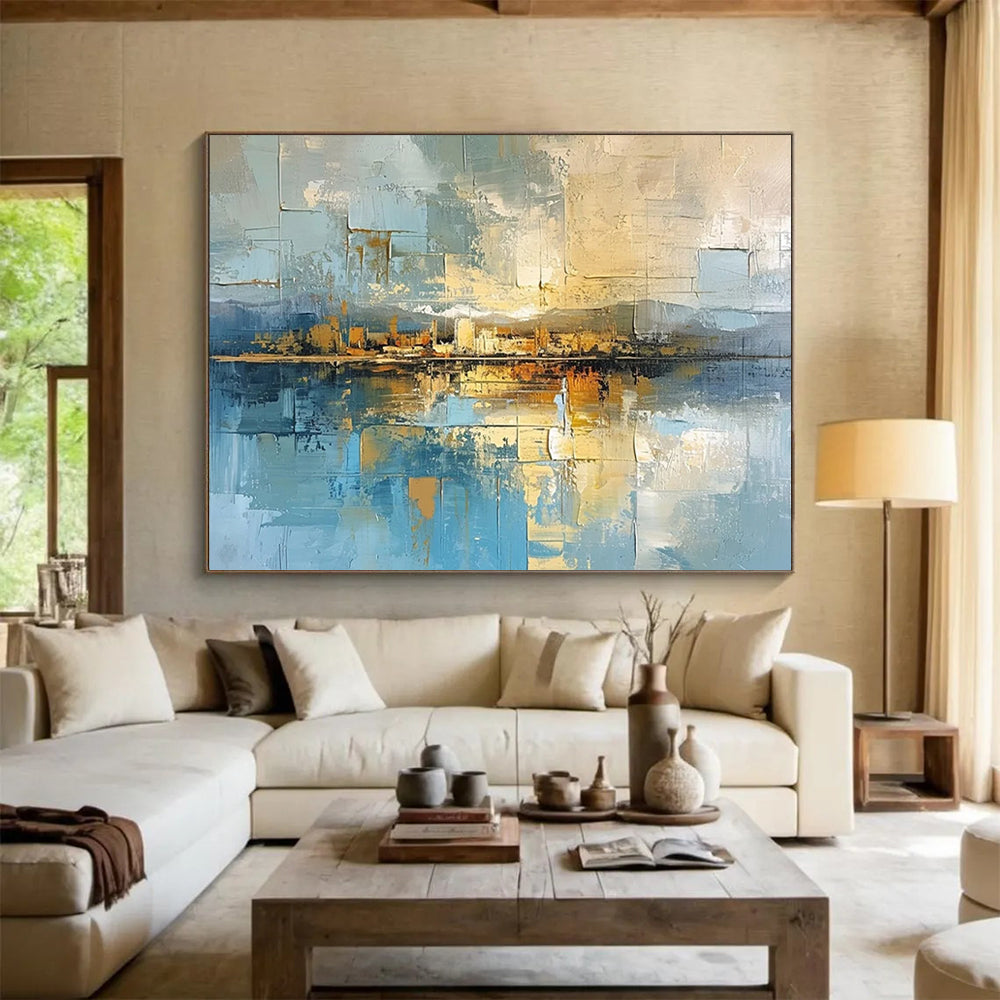 “Geometric, Coastal Cityscape ‘Abstract Harbor View’” - Cubist - Inspired Landscape Painting On Canvas DLZ050
