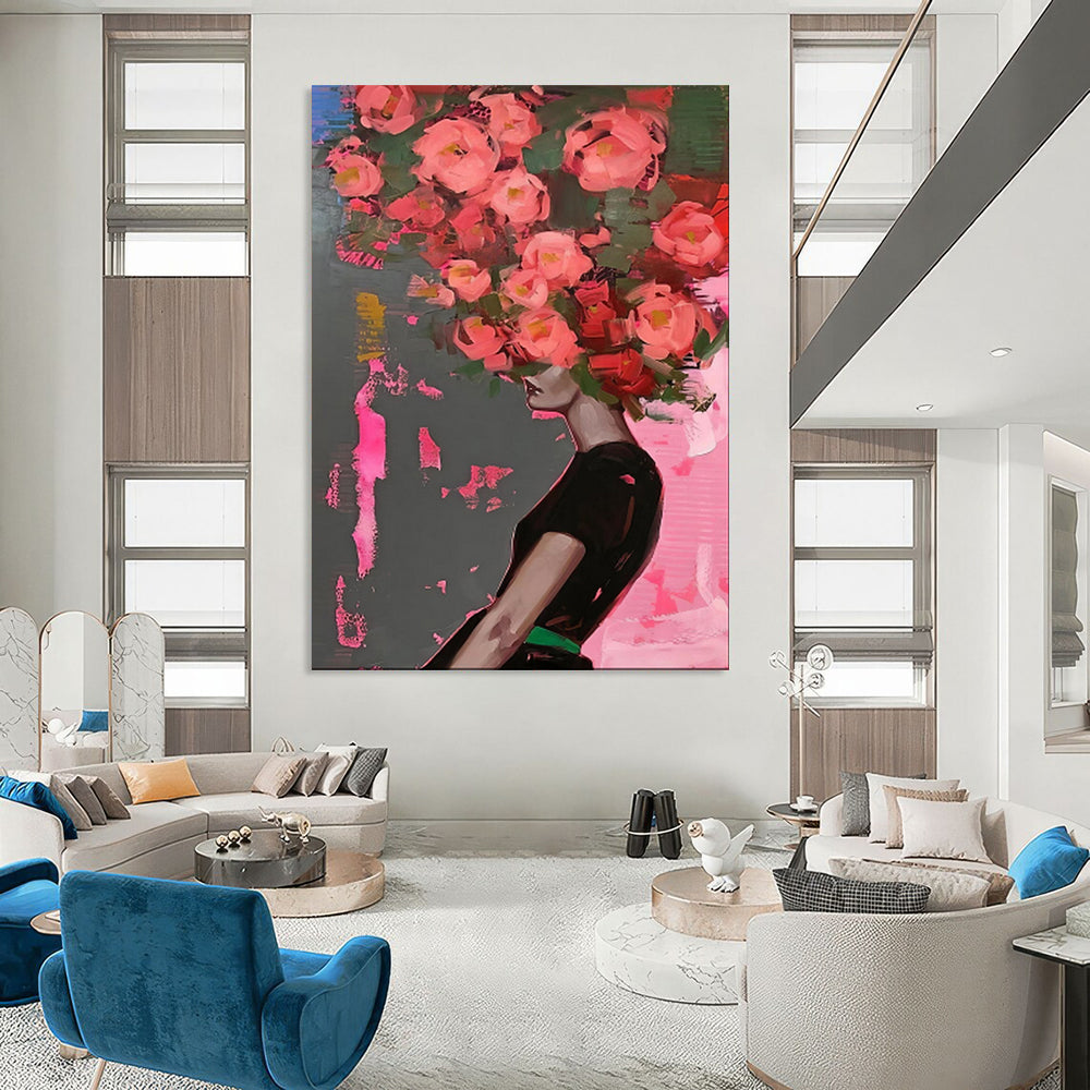 “Pink Flowers on Gray - Pink” - Pop - Surrealist Portrait Art CT1952
