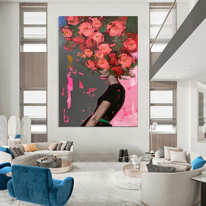 “Pink Flowers on Gray - Pink” - Pop - Surrealist Portrait Art CT1952