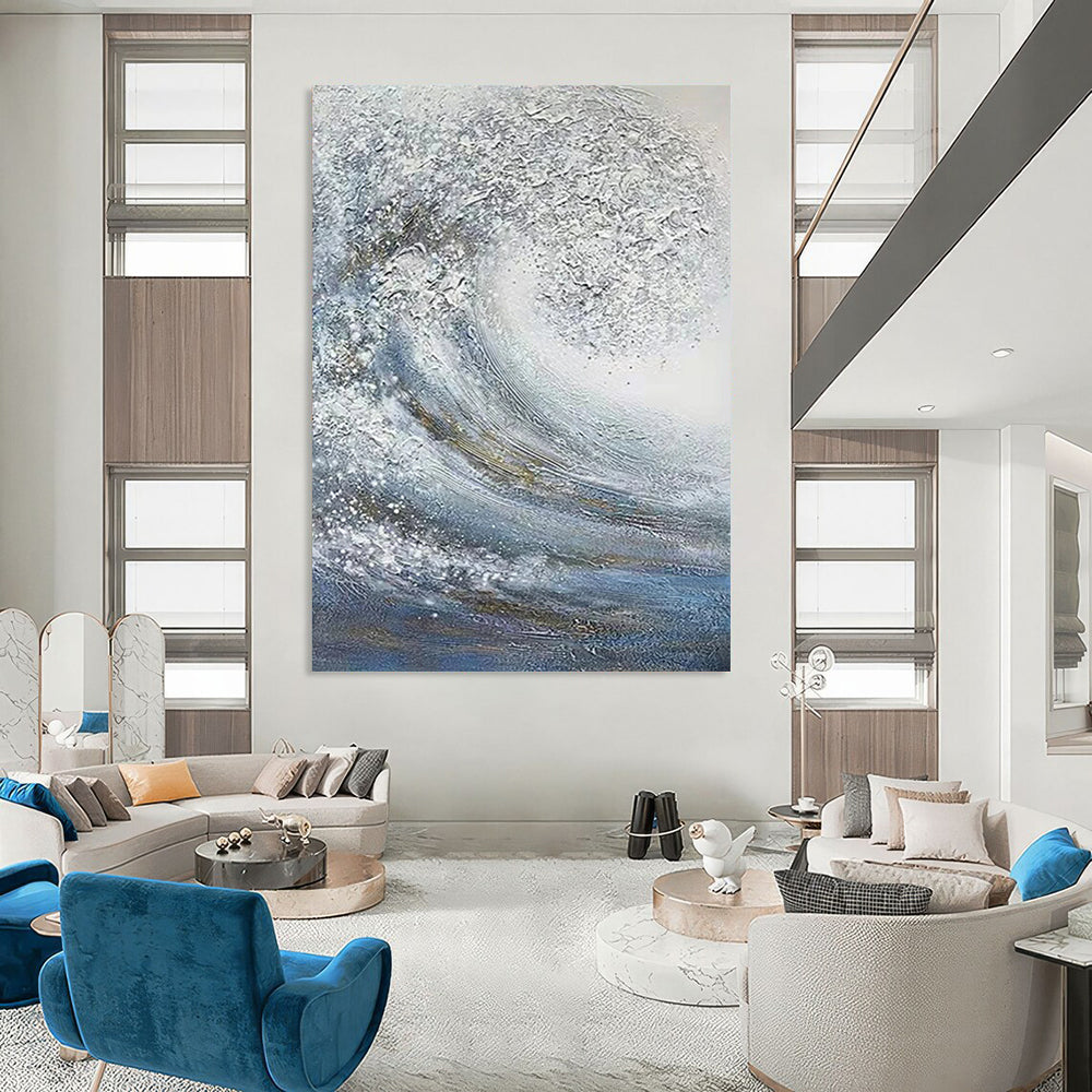 “Blue, White, Gold Swirling Wave ‘Celestial Sea’” - Impasto Sea & Gold Painting On Canvas DTP337