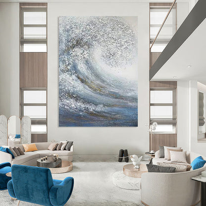 “Blue, White, Gold Swirling Wave ‘Celestial Sea’” - Impasto Sea & Gold Painting On Canvas DTP337