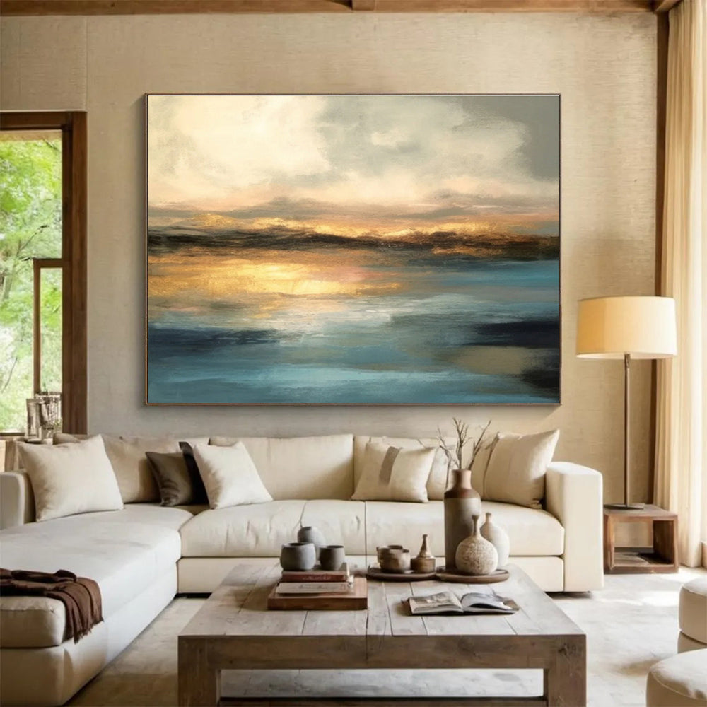 “Golden Sunset Reflection” Abstract Landscape Painting On Canvas DKH340