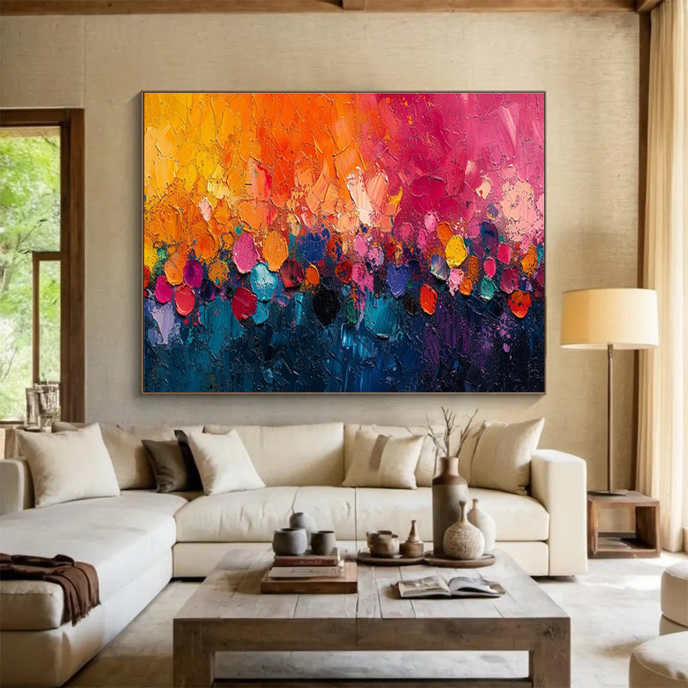 “Colorful Dusk Carnival” - Orange, Pink, Blue Abstract Impasto Painting On Canvas DKH710
