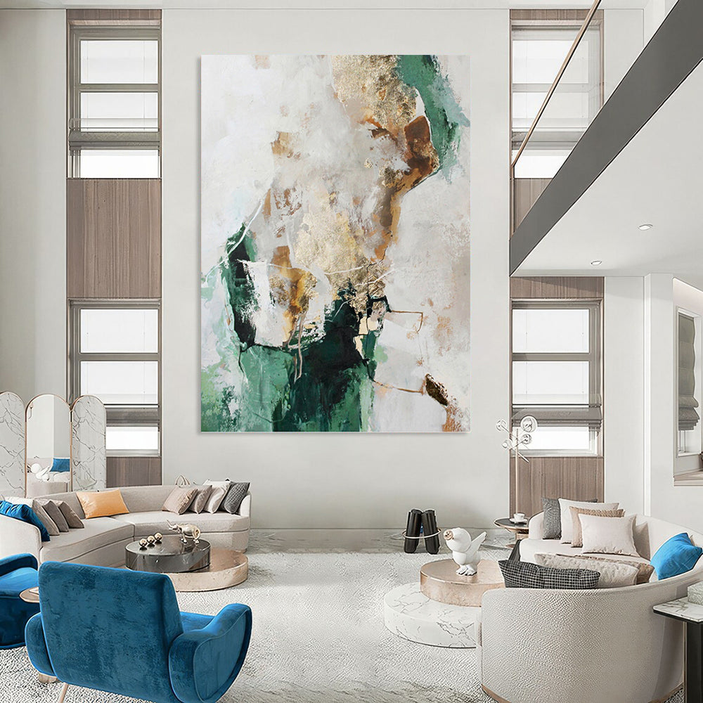 “Green, Gold & White Abstract” - Green, Gold & White Modernist Painting On Canvas DKH1008