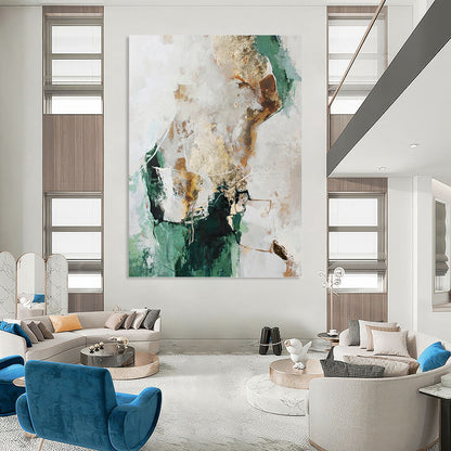 “Green, Gold & White Abstract” - Green, Gold & White Modernist Painting On Canvas DKH1008