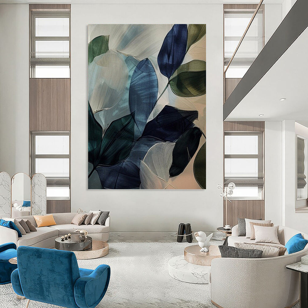 “Translucent Leaf Abstraction” - Blue, Green & White Watercolor - Style Painting On Canvas DKH0972