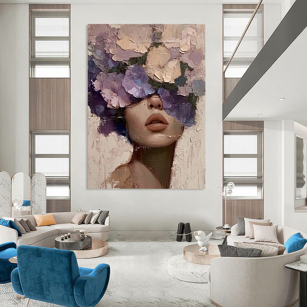 “Purple, Pink, Beige Floral Face ‘Blossom Beauty’” - Textured Figurative Painting On Canvas DTP329
