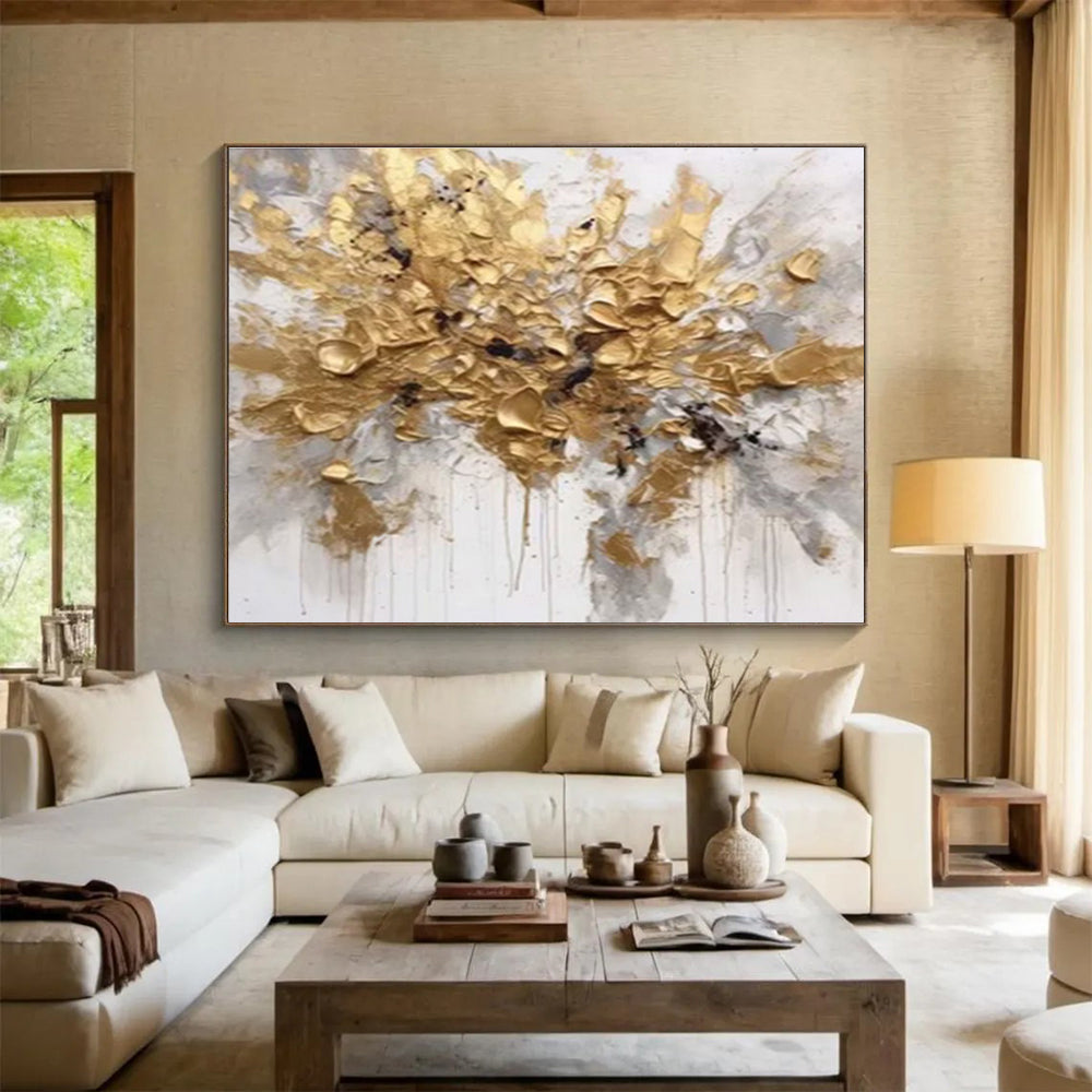 Gold Burst Abstract in Dripping Paint Painting On Canvas DKH678