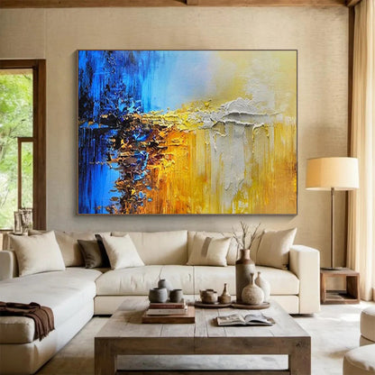 Blue, Yellow, and Gray Abstract - Textured Landscape Painting On Canvas DLZ179