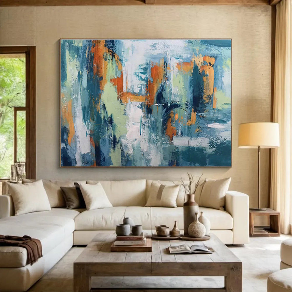 Abstract Cityscape in Teal and Orange Painting On Canvas DKH295