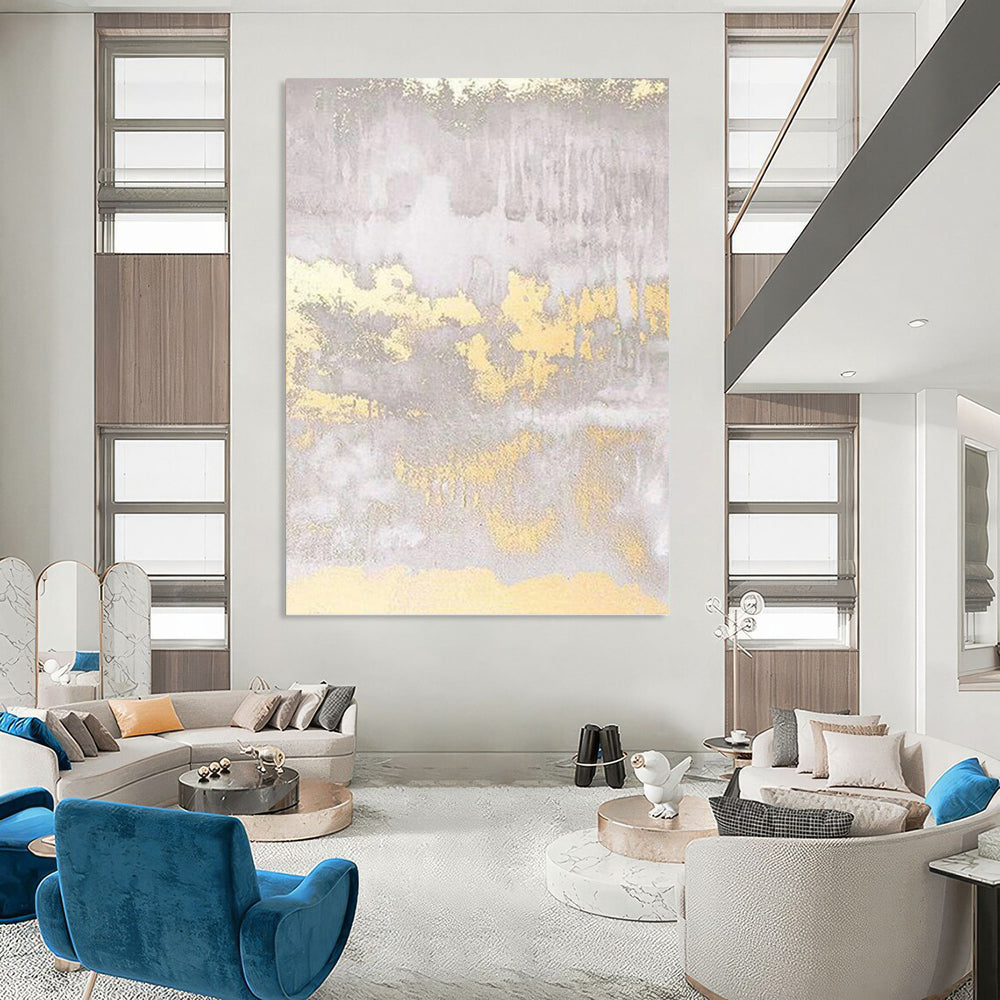 “Gray - Gold Abstract Textures” - Gray, Gold & White Metallic - Accented Painting On Canvas DKH0951