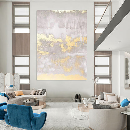 “Gray - Gold Abstract Textures” - Gray, Gold & White Metallic - Accented Painting On Canvas DKH0951