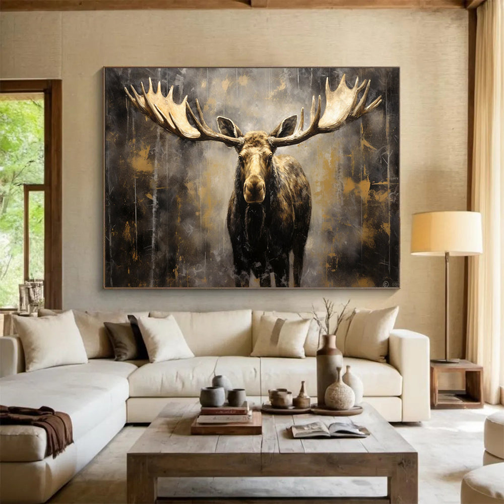 “Gilded Moose In A Dark Landscape” Animal Painting On Canvas DLZ079
