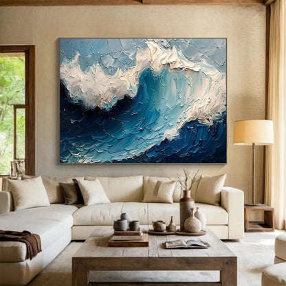 “Textured Ocean Wave” - Blue, White Impasto Seascape Painting On Canvas DKH766
