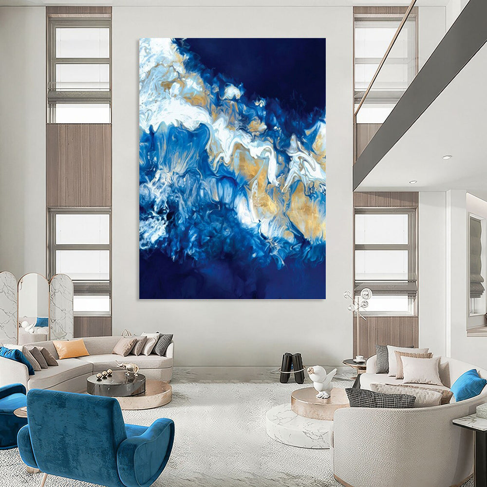 “Blue & Gold Fluid Art” - Abstract Resin - Like Painting On Canvas DKH1650