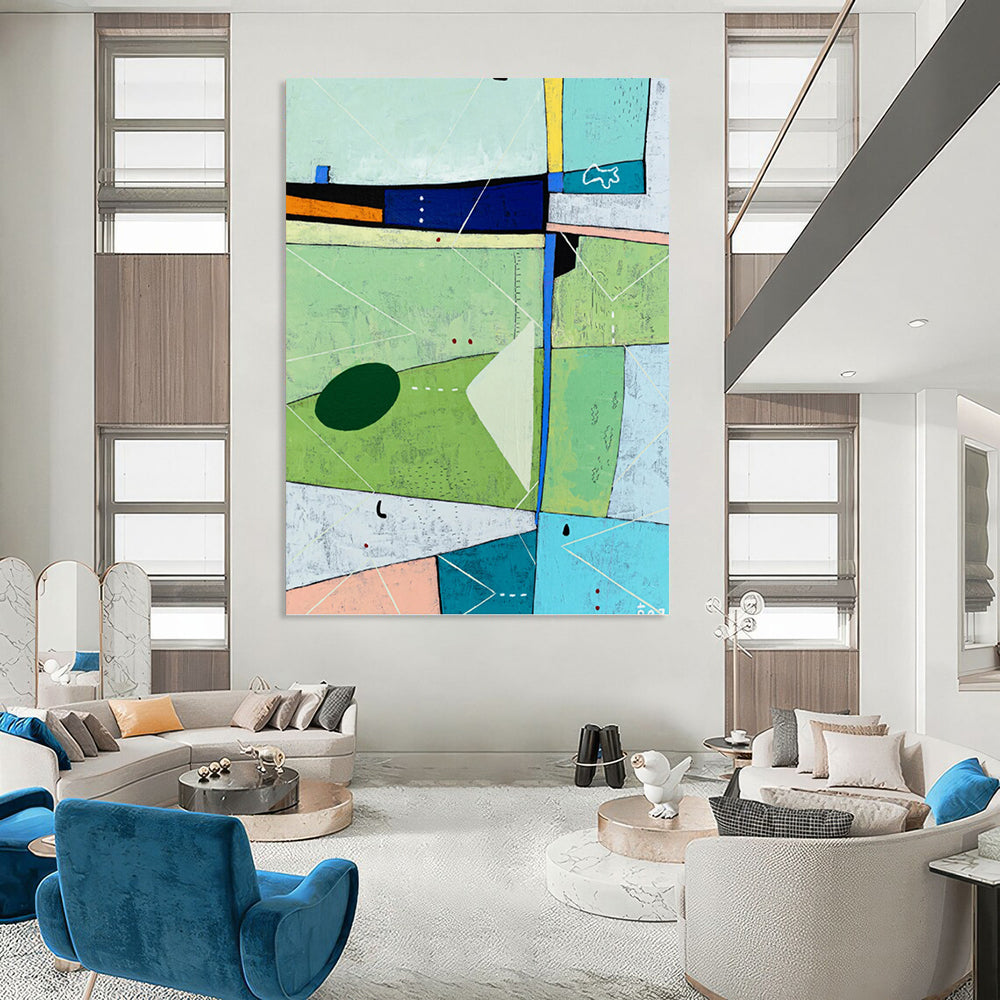 “Green - Dominant Abstract with Colorful Geometric Shapes” - Vibrant Abstract Landscape - Inspired Painting On Canvas DKH1104