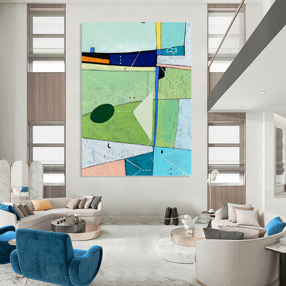 “Green - Dominant Abstract with Colorful Geometric Shapes” - Vibrant Abstract Landscape - Inspired Painting On Canvas DKH1104