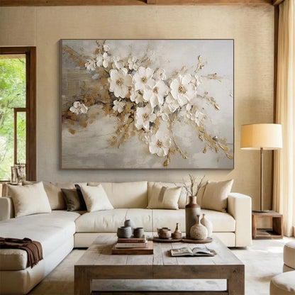White Flowers with Gold Accents Textured Painting On Canvas DKH250