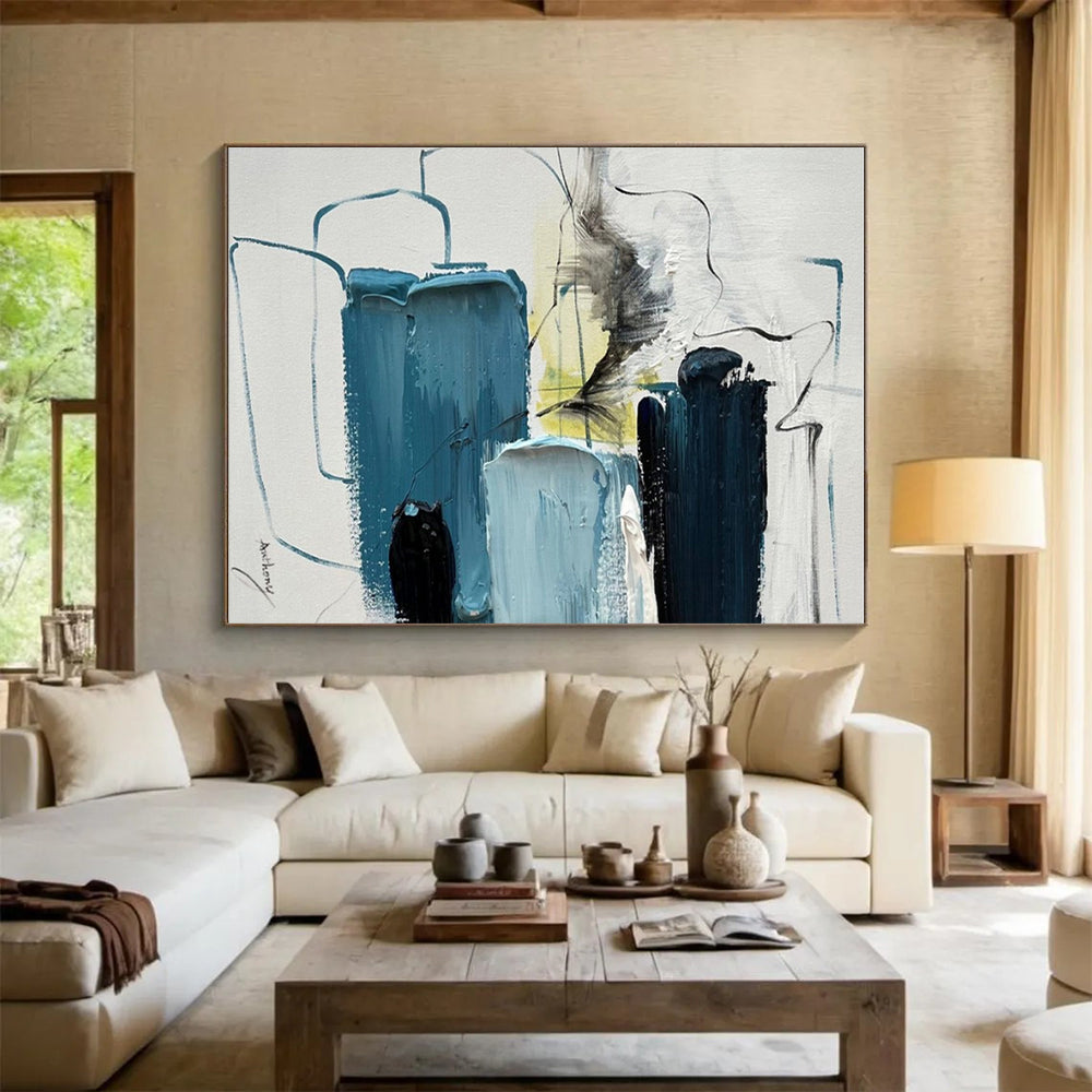 Blue, Black, White & Yellow Abstract Layers, “Oceanic Pulse” - Impasto Abstract Painting CT0779