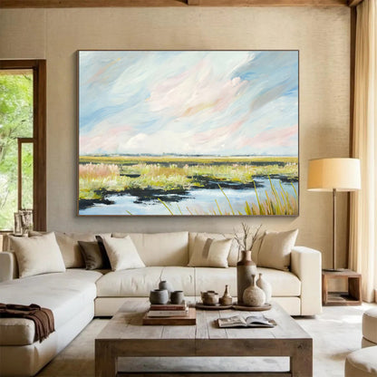 Serene Marshland Under Soft Sky Painting On Canvas DKH664
