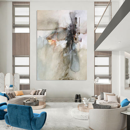 “Abstract Line & Color Fusion” - Gray, Blue & Orange Watercolor - Style Painting On Canvas DKH0950