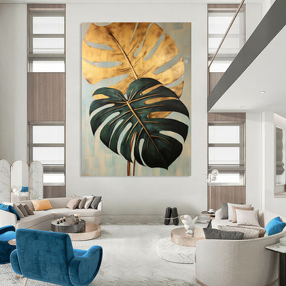 “Gilded Monstera Leaves” - Gold & Green Monstera Leaves Painting On Canvas CT2195