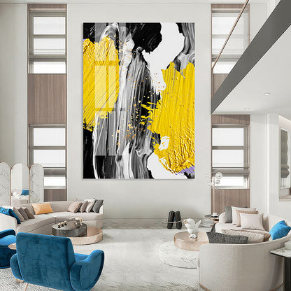 “Vibrant Strokes” - Yellow, Gray, Black & Gold Abstract Splashes Painting On Canvas DKH1526