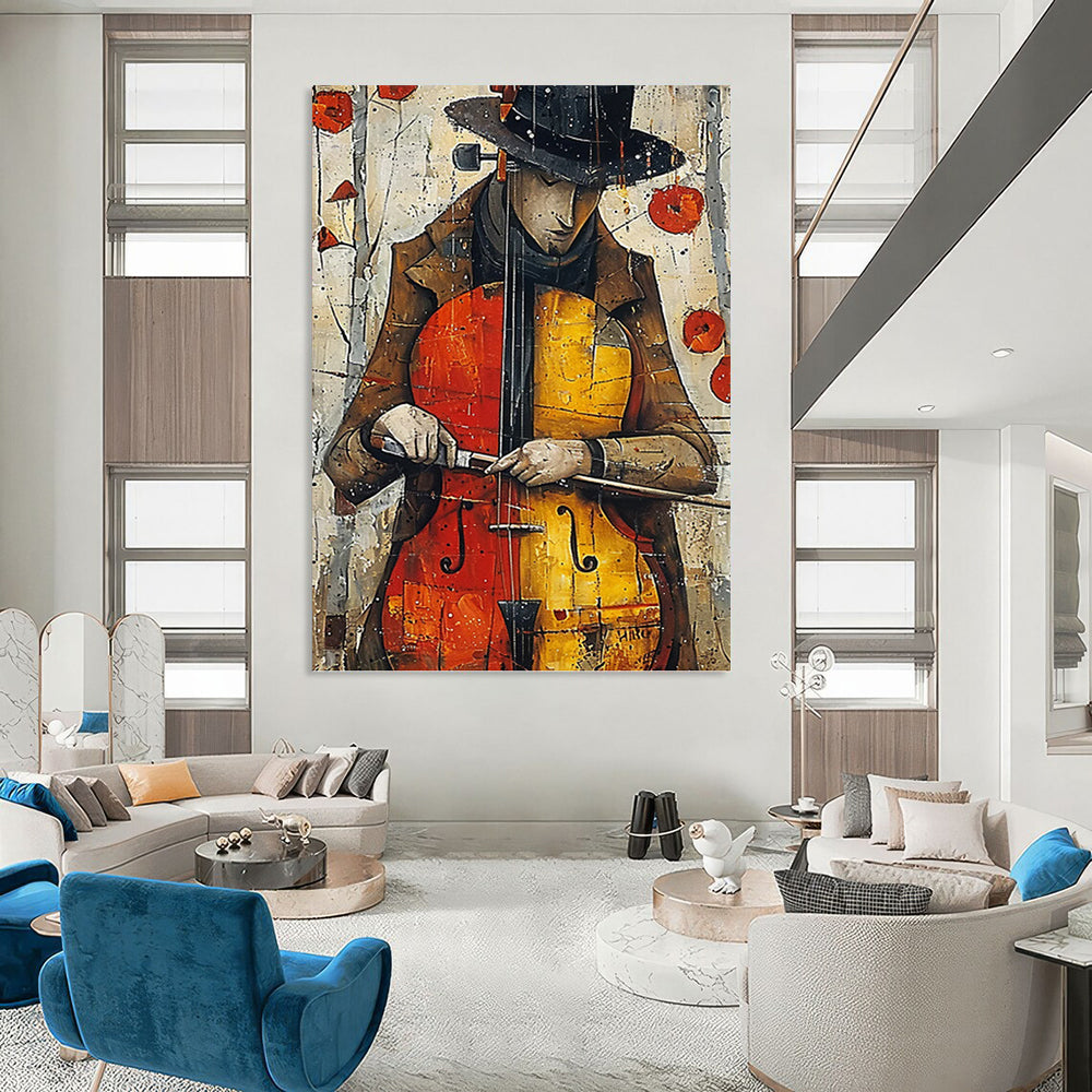 “Melodic Muse” - Colorful Cello Player with Poppies Background Painting On Canvas DKH1532