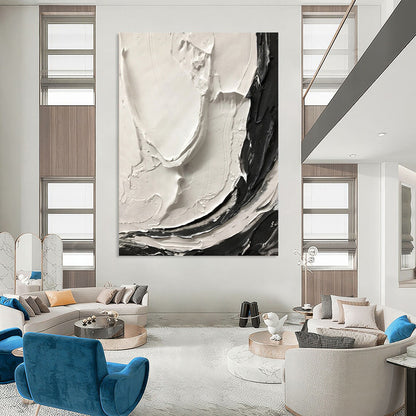 “White, Black Textured Swirls ‘Tactile Harmony’” - Impasto Abstract Painting On Canvas DTP387