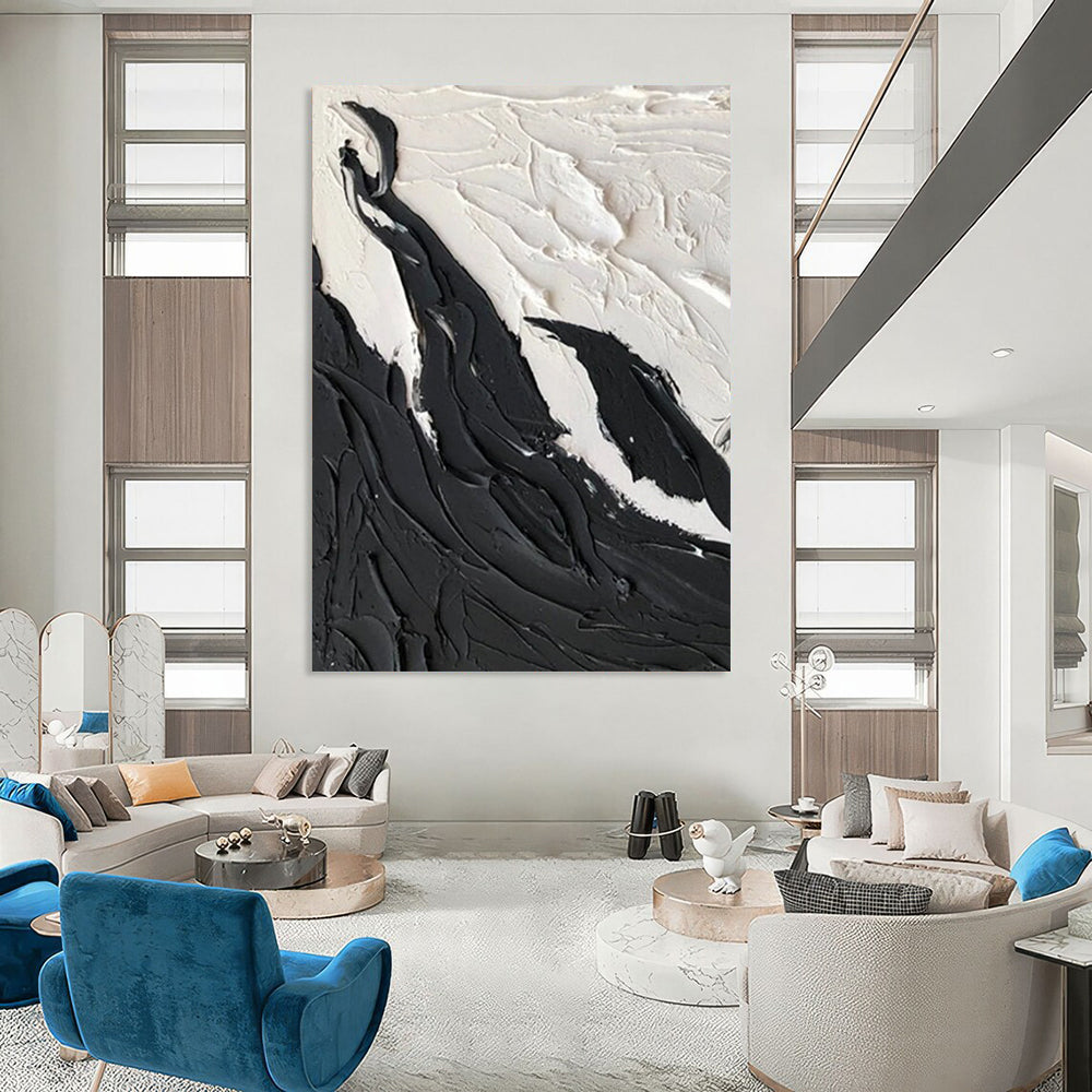 “Black, White Textured Peaks ‘Mountain Serenity’” - Abstract Impasto Painting On Canvas DTP395