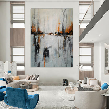 “Gray - Orange Strokes and Water Reflections” - Abstract Urban Waterscape Painting CT1973