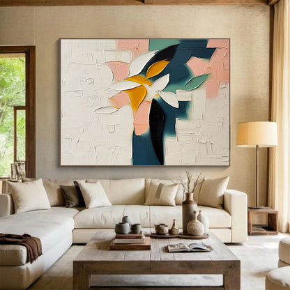 “Color - Blocked Flower in Pastels” - Pink, Teal, Yellow, White Impasto Floral Painting On Canvas DKH747