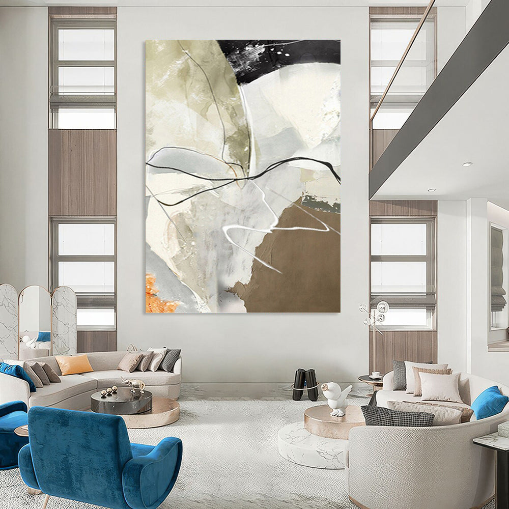 “Neutral & Black Abstract Lines” - Beige, Gray, Black & White Abstract Painting On Canvas DKH1225