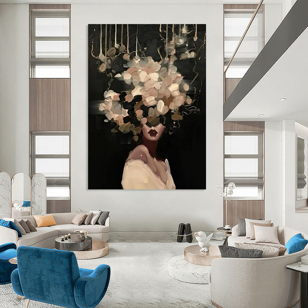“Black, Beige, White Floral Head ‘Mystic Blooms’” - Figurative Flower Painting On Canvas DTP326