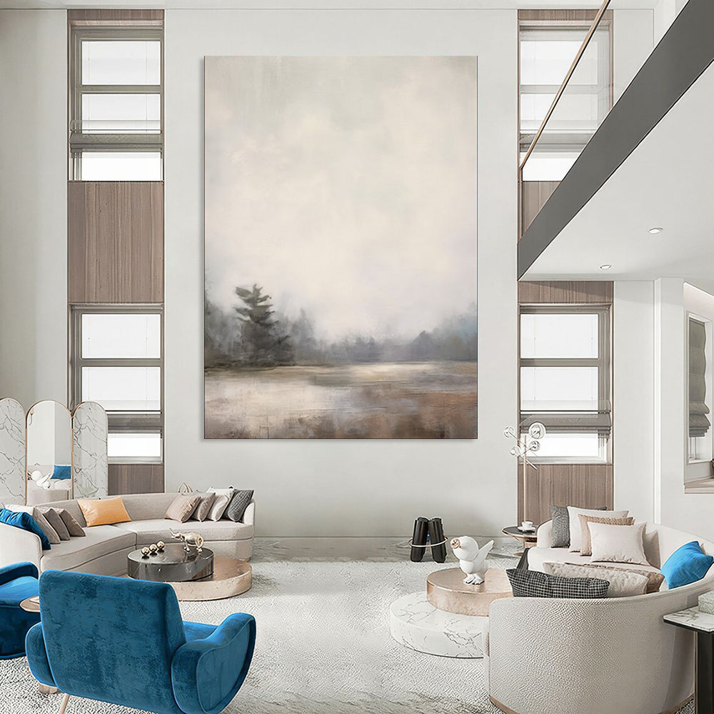 “Lonely Pine in Mist” – Impressionistic Landscape Oil Painting with Gray and Beige Hues CT2058