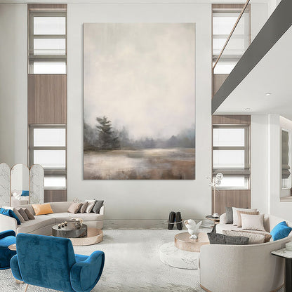 “Lonely Pine in Mist” – Impressionistic Landscape Oil Painting with Gray and Beige Hues CT2058