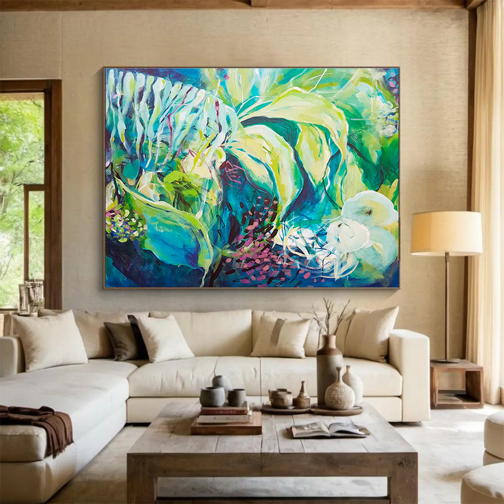 Abstract Floral in Green and Blue - Expressive Brushstrokes and Nature - Inspired Forms Painting On Canvas DKH055