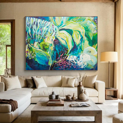 Abstract Floral in Green and Blue - Expressive Brushstrokes and Nature - Inspired Forms Painting On Canvas DKH055