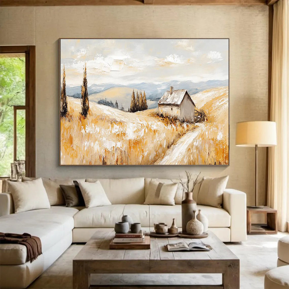 “Golden Field & Cottage” Landscape Oil Painting On Canvas DKH461
