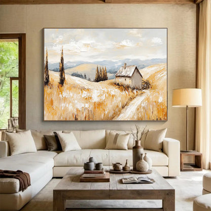 “Golden Field & Cottage” Landscape Oil Painting On Canvas DKH461