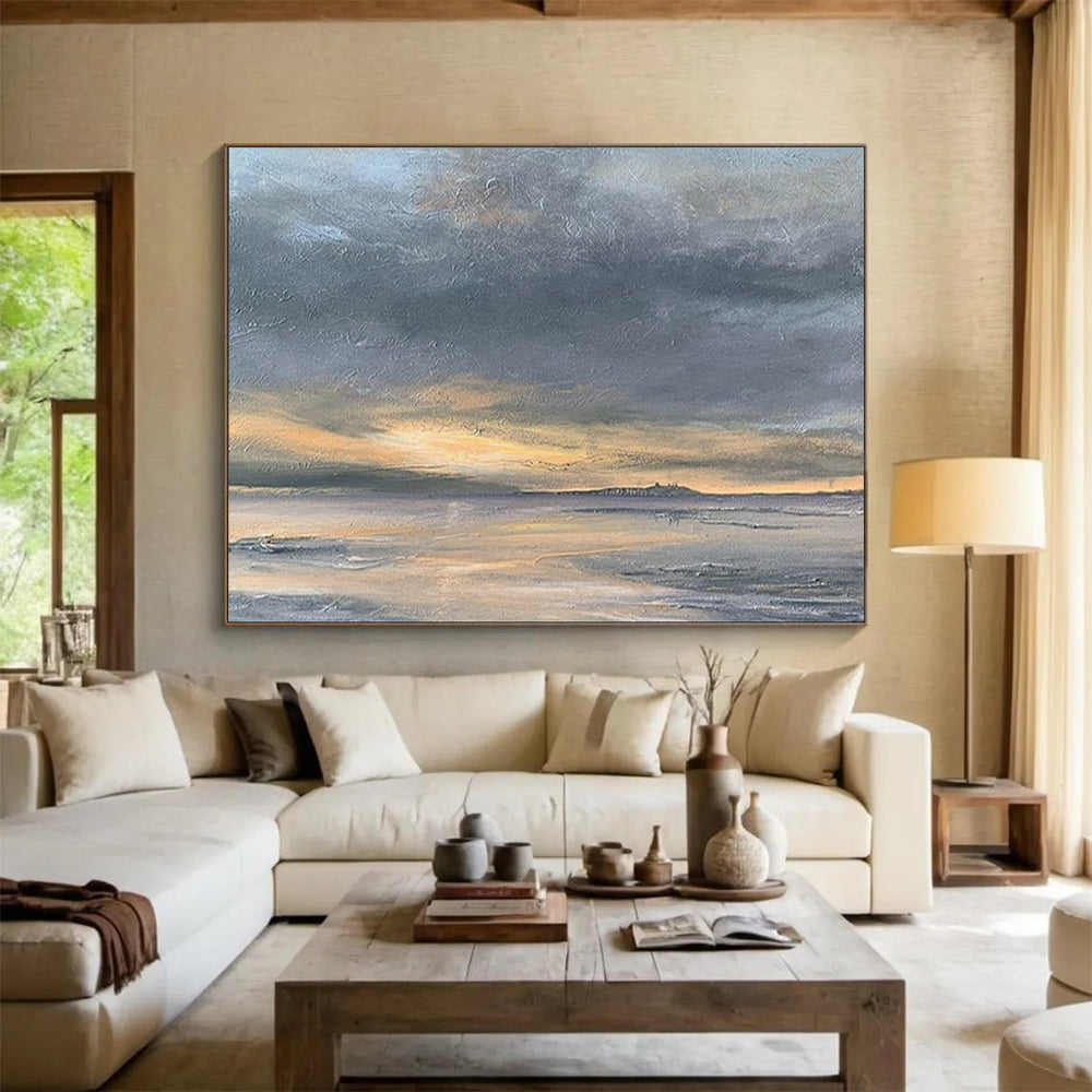 “Gray, Orange, Sunset Shore ‘Golden Dusk’” - Impressionist Seascape Painting On Canvas DLZ023