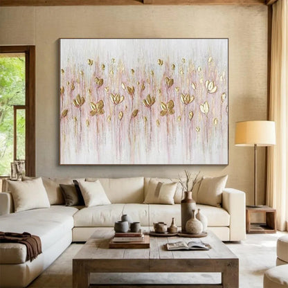 Golden Wildflowers - Pink & Gold Delicate Floral Painting On Canvas DKH875