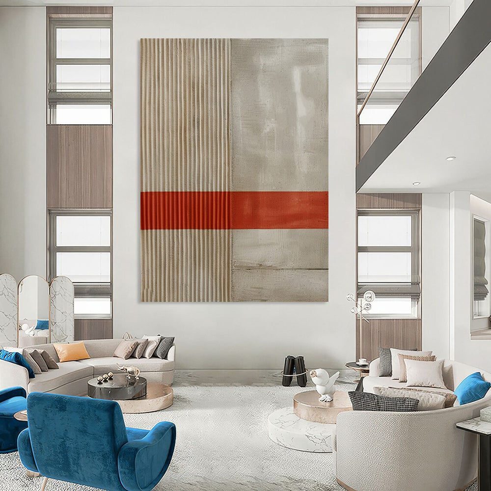 “Beige - Gray with Red Stripe” - Minimalist Textured Painting On Canvas DTP007