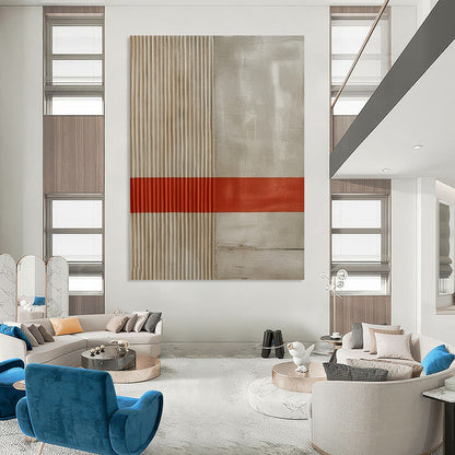 “Beige - Gray with Red Stripe” - Minimalist Textured Painting On Canvas DTP007