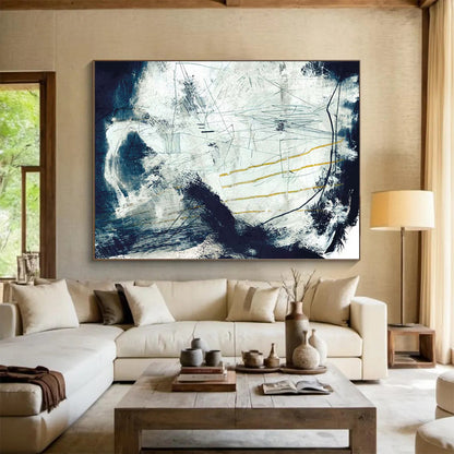 “Blue - White Abstract with Yellow Accents” Abstract Expressionist Painting On Canvas DLZ141