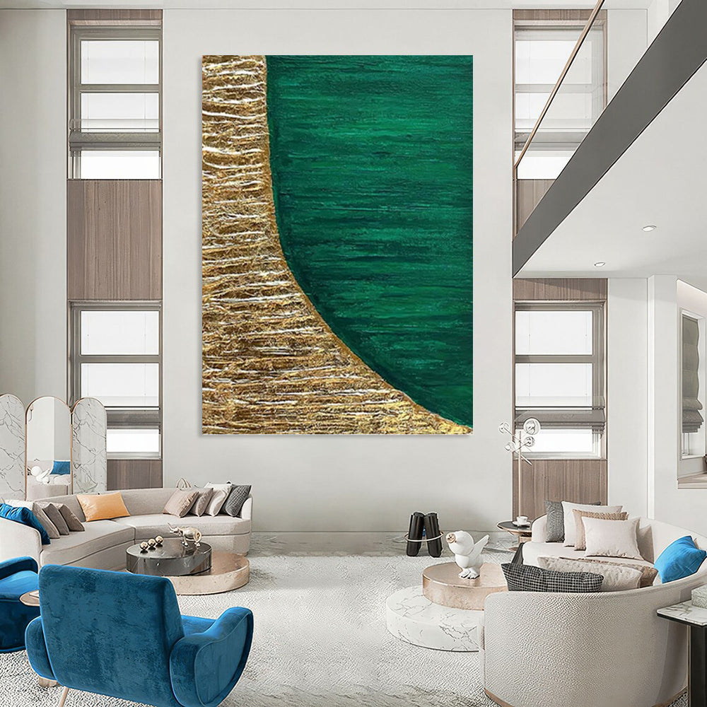 “Gold & Emerald Abstract Shape” - Gold & Emerald Green Abstract Painting On Canvas DKH1219