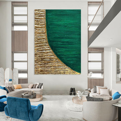 “Gold & Emerald Abstract Shape” - Gold & Emerald Green Abstract Painting On Canvas DKH1219